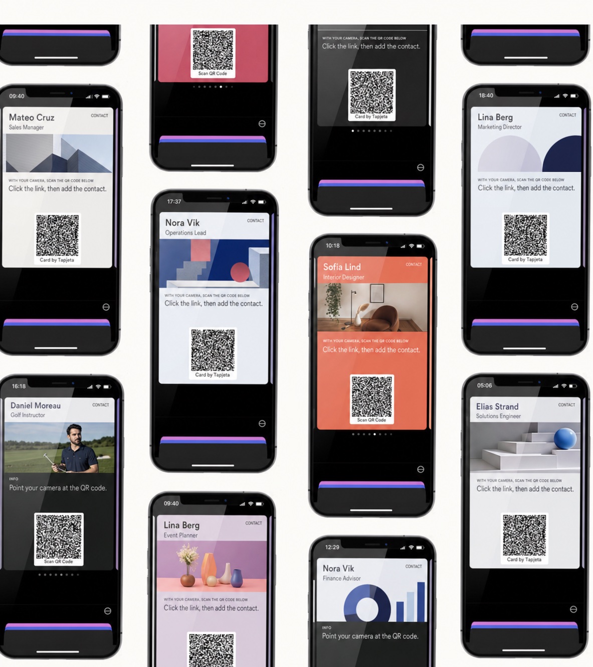Multiple phones displaying Tapjeta digital cards